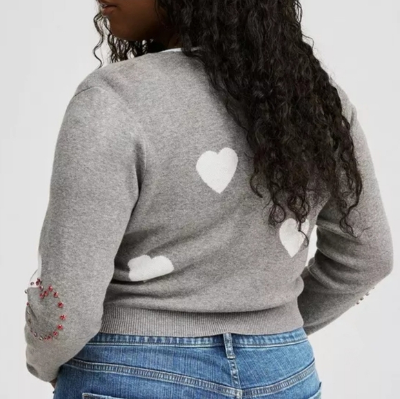 Torrid Long Sleeve Hearts Shrug Gray with Red Rhinestone Hearts 1X - Picture 3 of 12